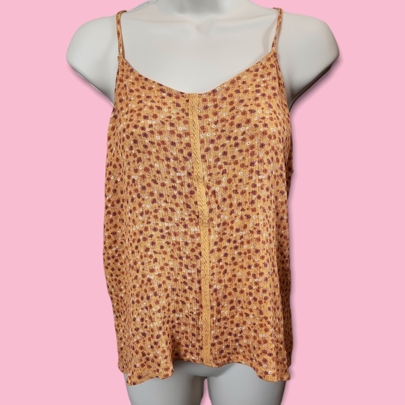 Hippie Rose Tops - Mustard Yellow Flower Detail Ditzy Floral Boho Spaghetti Strap Tank Size Large